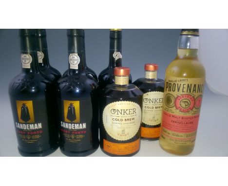 *Port and Spirits; 5x bottles of Sandeman Ruby Port, 1x bottle of Provenance single malt whisky, 2x bottles of coffee liqueur