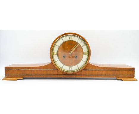 A mid century Art Deco style walnut cased mantel clock with eight day movement. H.24cm 