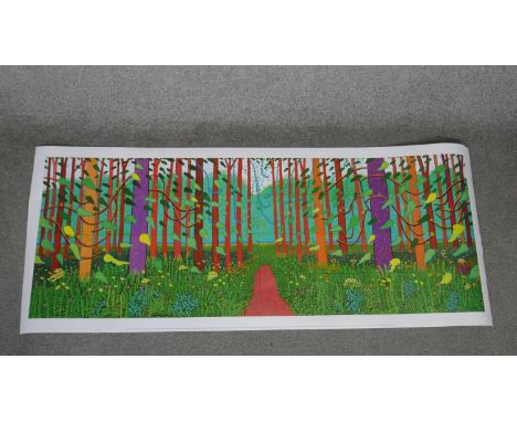 David Hockney coloured Royal Academy poster 'The Arrival of Spring in Aldgate'. Printed info to bottom of print .H.52 W.128cm