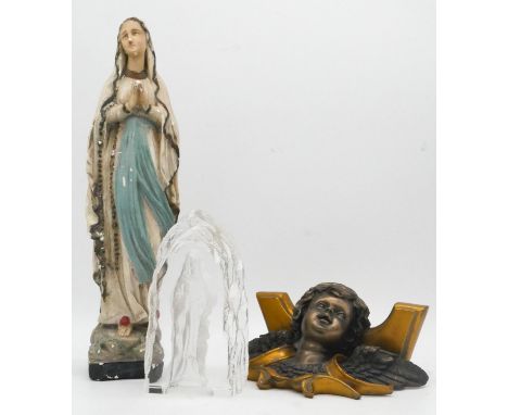 A vintage painted ceramic figure of the Virgin Mary, a carved glass intaglio block of the Virgin Mary and an angel head gilde