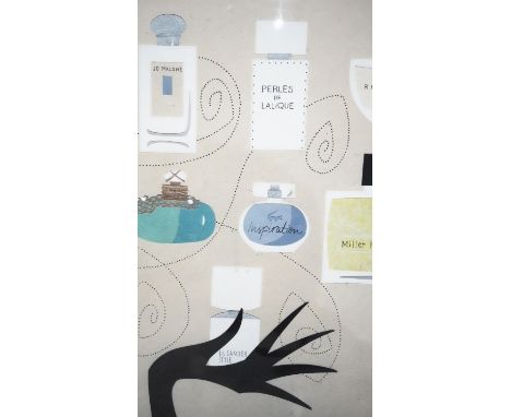 By Mary Lyn Blasutta, 1980-Present. A frame and glazed signed print of perfume bottles with a hand. Signed Blasutta 2006. H.5