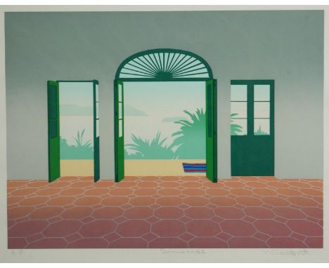 A framed and glazed Artists Proof wood block print, titled 'Summer House', indistinctly signed. H.45 W.55cm 