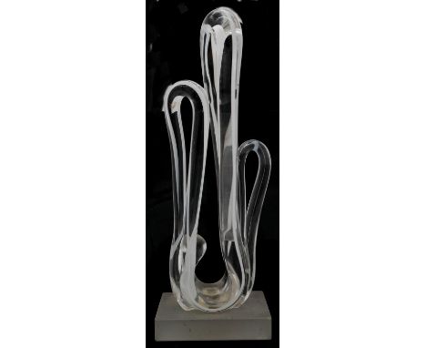 A signed abstract Art Glass sculpture, clear glass with white streaks mounted on a frosted glass rectangular base. Signed and