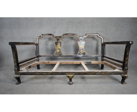 A black lacquered triple back bergere sofa frame with hand painted Chinoiserie decoration. H.87 W.167 D.74cm 