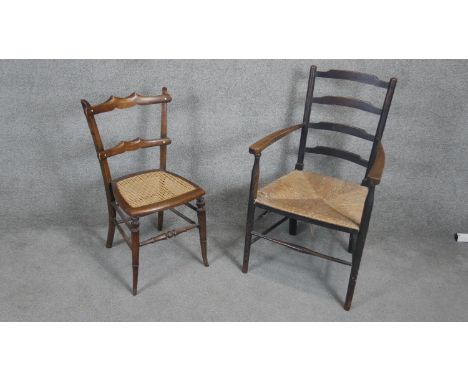 An oak framed rush seated ladder back armchair along with a late 19th century bedroom chair. H.93cm 