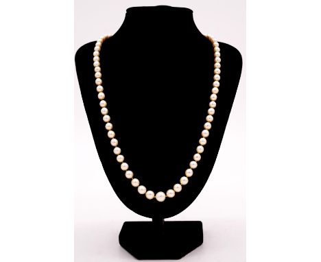 A 22 inch knotted graduated cultured pearl necklace with 9 carat yellow gold and dyed agate clasp. The necklace strung with s