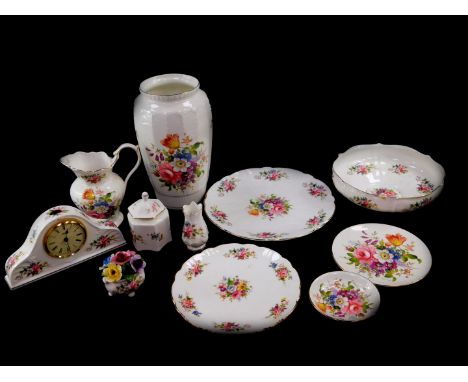 A group of Aynsley porcelain decorated in the Howard Sprays pattern, including a fluted vase, bowl, plates, preserve pot, mil