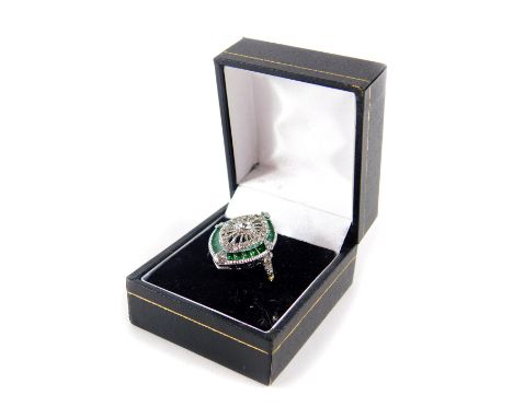 An Art Deco style green and enamel and paste ring, of lozenge form, size P, boxed.