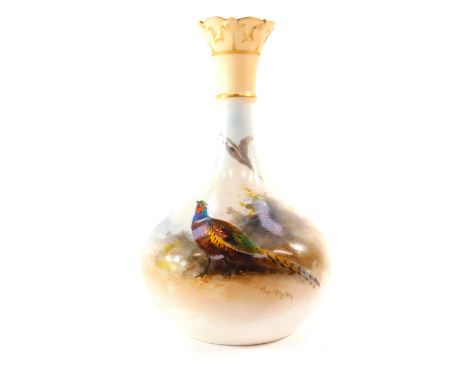 A Royal Worcester porcelain vase, circa 1903, painted by James Stinton with a pheasant and flowers, number G702, printed mark