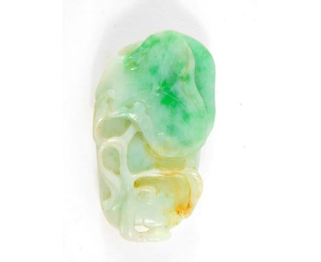 A Chinese jade pendant, carved as a gourd with branch and leaf overlay, 5cm wide.