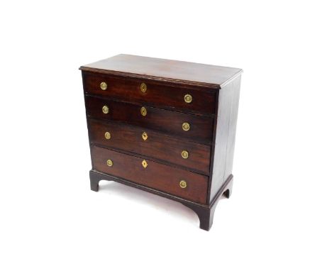A George III oak country chest, of four long graduated drawers, raised on bracket feet, 93cm high, 94cm wide, 45cm deep.