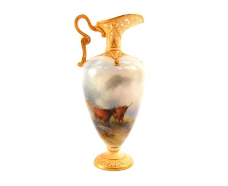 A Royal Worcester blush porcelain and reticulated jug, circa 1906, painted by Harry Stinton with cattle, G965, printed marks,