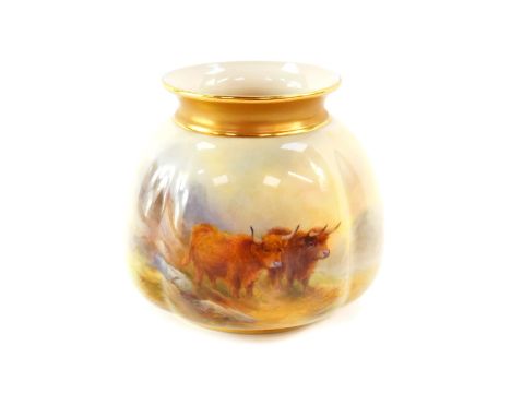 A Royal Worcester porcelain vase, of lobed form, circa 1914, painted by Harry Stinton with highland cattle, G158, printed mar