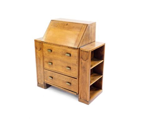 A 1930's light oak bureau bookcase, the fall flap opening to reveal a single drawer and recesses, over three further drawers,