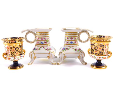 A pair of Royal Crown Derby late 19thC porcelain miniature campana vases, Imari decorated, printed and painted marks, 7cm hig