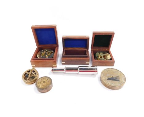 Replica brass maritime collectables, comprising a circular lidded compass commemorating the Sinking of The Titanic, From The 