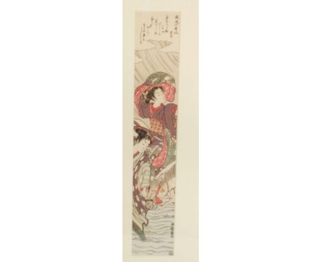 After Isoda Koryusai (Japanese, 1764-1788). Wood block print by Hashiguchi Goyo (1880-1921)., two figures with a horse wood b