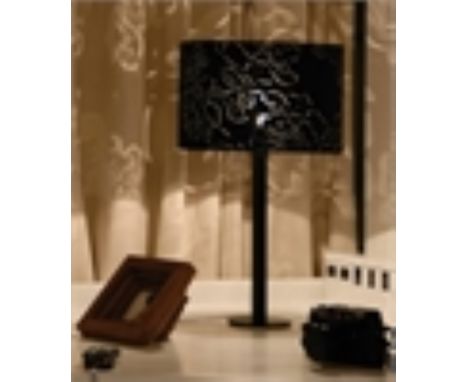 A designer table lamp, with black flower fret work shade, Peony, designed by Meiha Tsang for Innermost. RRP £150., Donated by