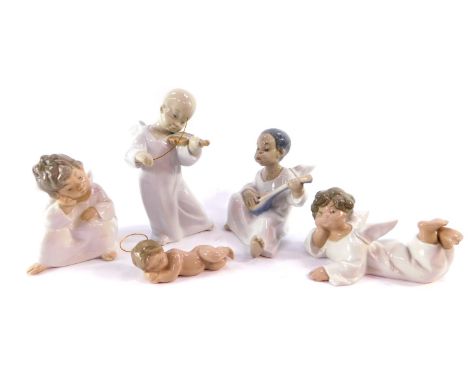 Four Lladro porcelain figures modelled as cherubs, two modelled in contemplation, one playing a lute, the other a violin, tog