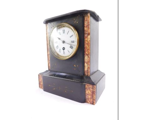 A Victorian slate and marble mantel clock, circular enamel dial bearing Roman numerals, thirty hour movement, the case of con