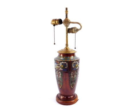 A Chinese cloisonne vase, early 20thC, converted to a twin light table lamp, 58cm high.