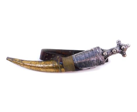 An Indo Persian 19thC Jambaya dagger, the horn grip with silver engraved and embossed mounts, engraved double edged steel bla