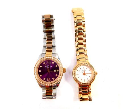 A Rotary lady's bi-coloured stainless steel cased wristwatch, luminescent purple dial, with paste set hour markers, centre se