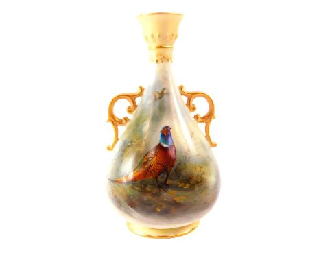 A Royal Worcester blush porcelain twin handled vase, circa 1906, painted by James Stinton with pheasants and ferns, G955, pri
