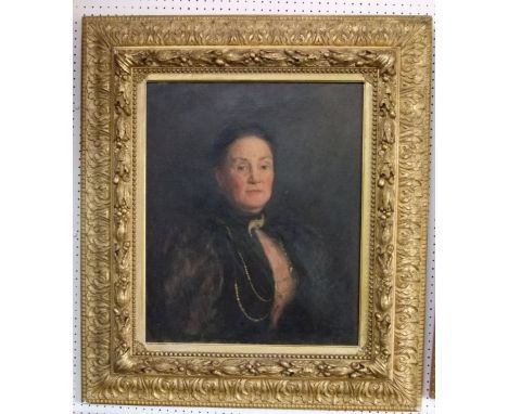 19th century school - Half length portrait of a lady in black with gilt chain necklace and tigers claw brooch, oil on canvas,