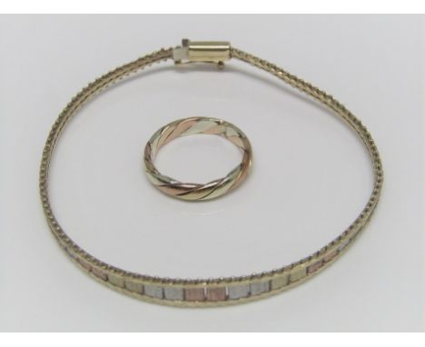 A 9ct tri-colour bracelet together with a similar ring, size J/K, 8g total