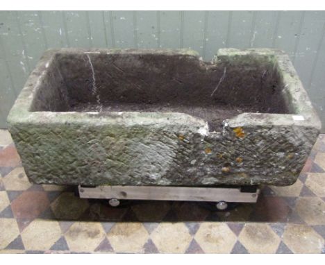 A good natural stone trough of rectangular form with cut/notched channel, approx 100 cm long x 52 cm wide x 30 cm high
