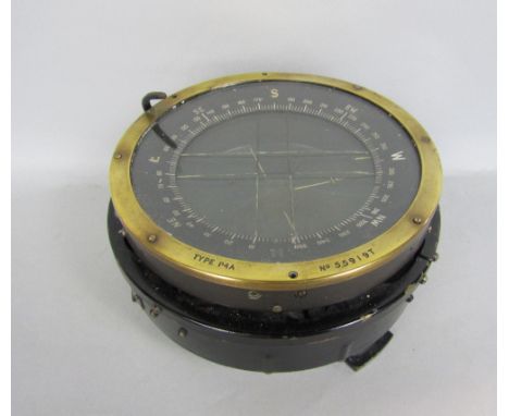Ebonised Japanned sheet metal and brass aviation compass, inscribed 'Type P4A no 55919T', 18cm diameter