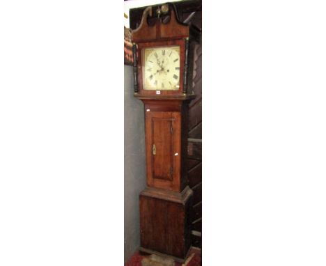 A Georgian oak cottage longcase clock, the square cut hood beneath a swan necked cornice, enclosing a painted square cut dial