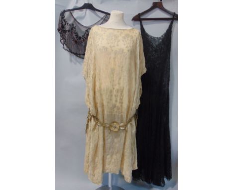 Five vintage garments including 1920/30s lined tabard, in gold silk with gold threadwork and beaded side link decoration, sle