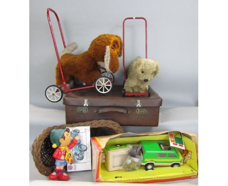 Collection of vintage toys to include two push along mohair stuffed dogs, a Tonka toy in box and others