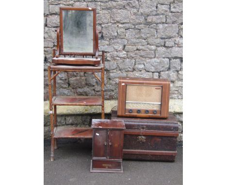 A late Victorian bamboo three tier whatnot, with rectangular lacquered panels, together with a Victorian tin trunk and a Geco