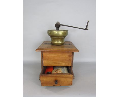 A French fruitwood table top coffee grinder, with brass and iron fittings, 32cm high