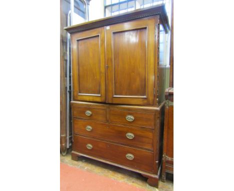 Small 19th century mahogany linen cupboard, the lower section enclosed by two long and two short drawers, the upper section e