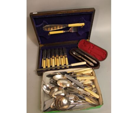 Oak part cased canteen of cutlery together with further silver plated flatware and others