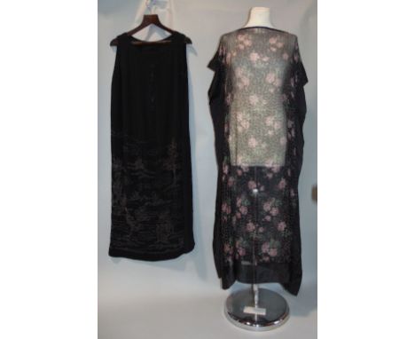 Art deco style 1920s tabard with black silk borders and a black and floral beaded front and back panel width 56cm, length 120