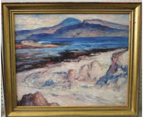 20th century school (In the manner of Francis Cadell) - Coastal scene at West Iona, oil on board, indistinctly signed, inscri