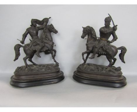 Pair of French spelter figures of knights on horseback, 38cm high (2)