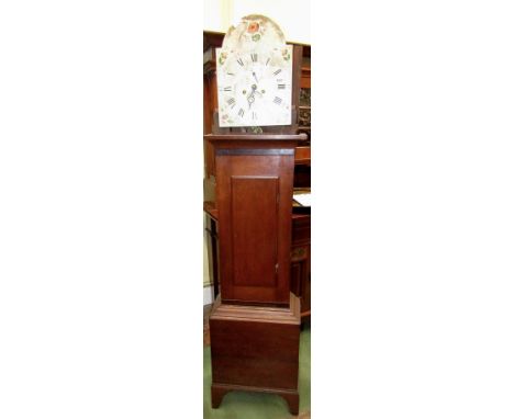 A Georgian oak longcase clock (lacks hood) enclosing a broken arch painted dial with floral spandrels, with eight day strikin