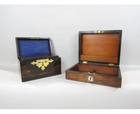 19th coromandel tea caddy with brass strap work and lined interior, with a rosewood box with fitted interior (2)