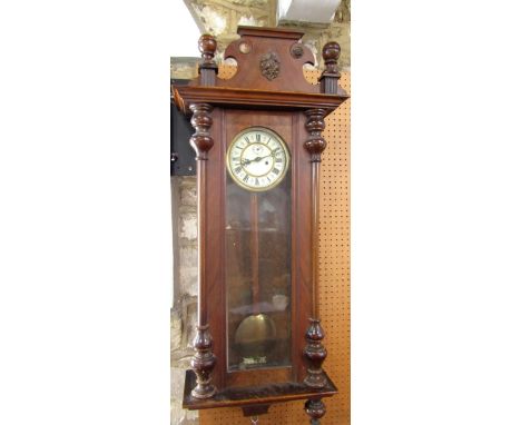 Vienna type regulator wall clock, with twin train enamel wall dial and architectural case, 110cm high