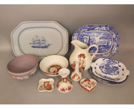 A collection of ceramics including a Wedgwood Jasperware lilac ground bowl, a Spode Italian pattern blue and white printed me