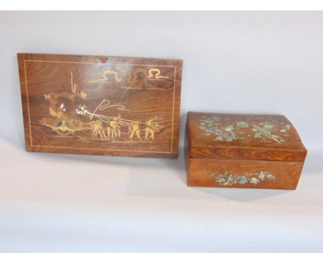 Chinese rosewood and mother of pearl inlaid casket, the lid decorated with a pearl chasing dragon and phoenix, 29cm wide, tog