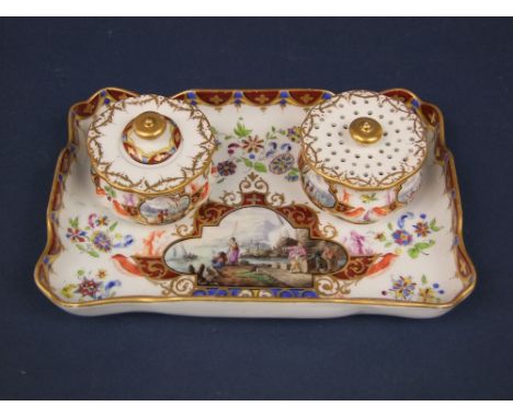 A 19th century continental Meissen type standish with reserved painted panels of harbour scenes, further chinoiserie figure d