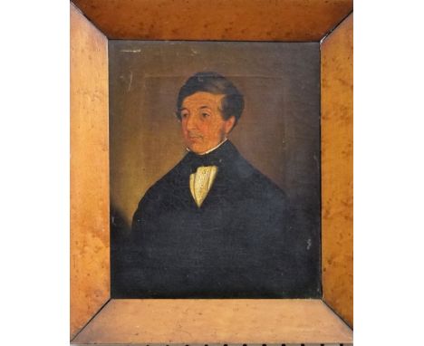 19th century British school - Half length portrait of a gentleman in black, oil on canvas, unsigned, 26 x 21cm in burrwood fr