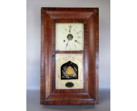 American twin train ogee wall clock with painted glass panel of a beehive, 66cm in total